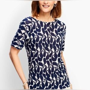 TALBOTS Women's 'SHADOW PAISLEY' Blue White Knit Top Linen Blend Petite Size M P